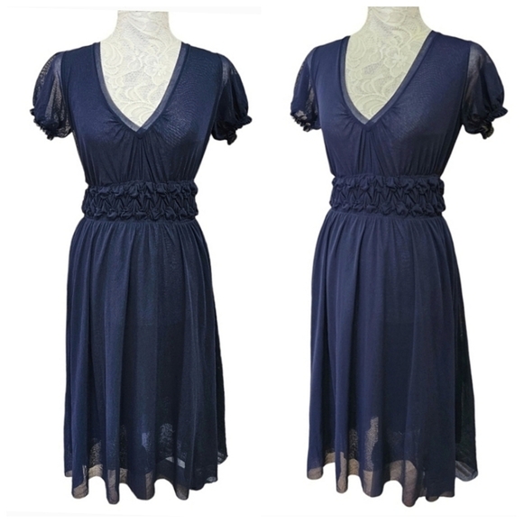 Jean Paul Gaultier Dress Vintage 90s Navy Blue V-Neck Layered Mesh Y2K Medium - Picture 1 of 14